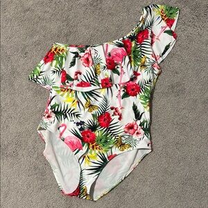 Floral & Flamingo One-Shoulder Women Swim One Piece